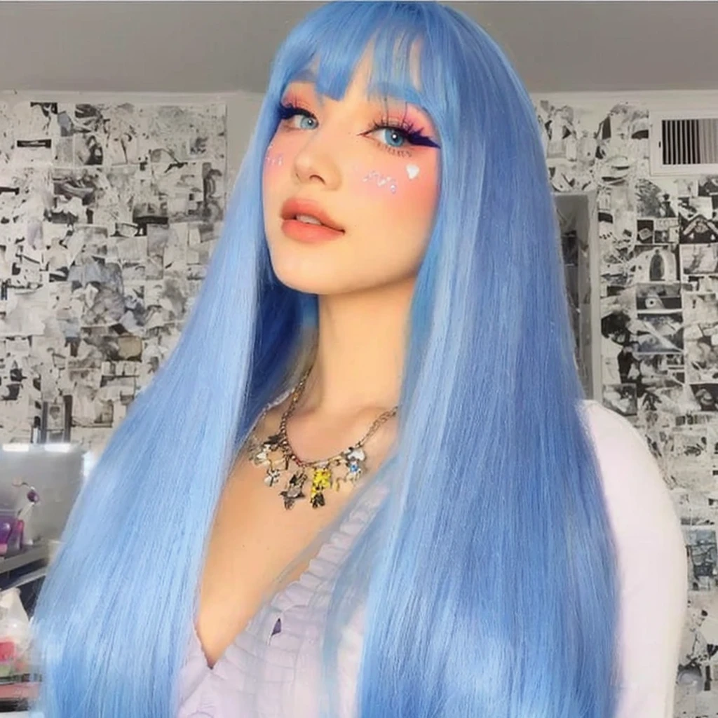 a close up of a woman with long blue hair and a necklace, sky blue straight hair, straight sky blue hair, long azure blue hair, long flowing blue hair, beautiful blue haired girl, pretty girl with blue hair, with blue hair, sky blue hair, girl with blue hair, blue long hair, light blue hair, long blue hair, flowing blue hair