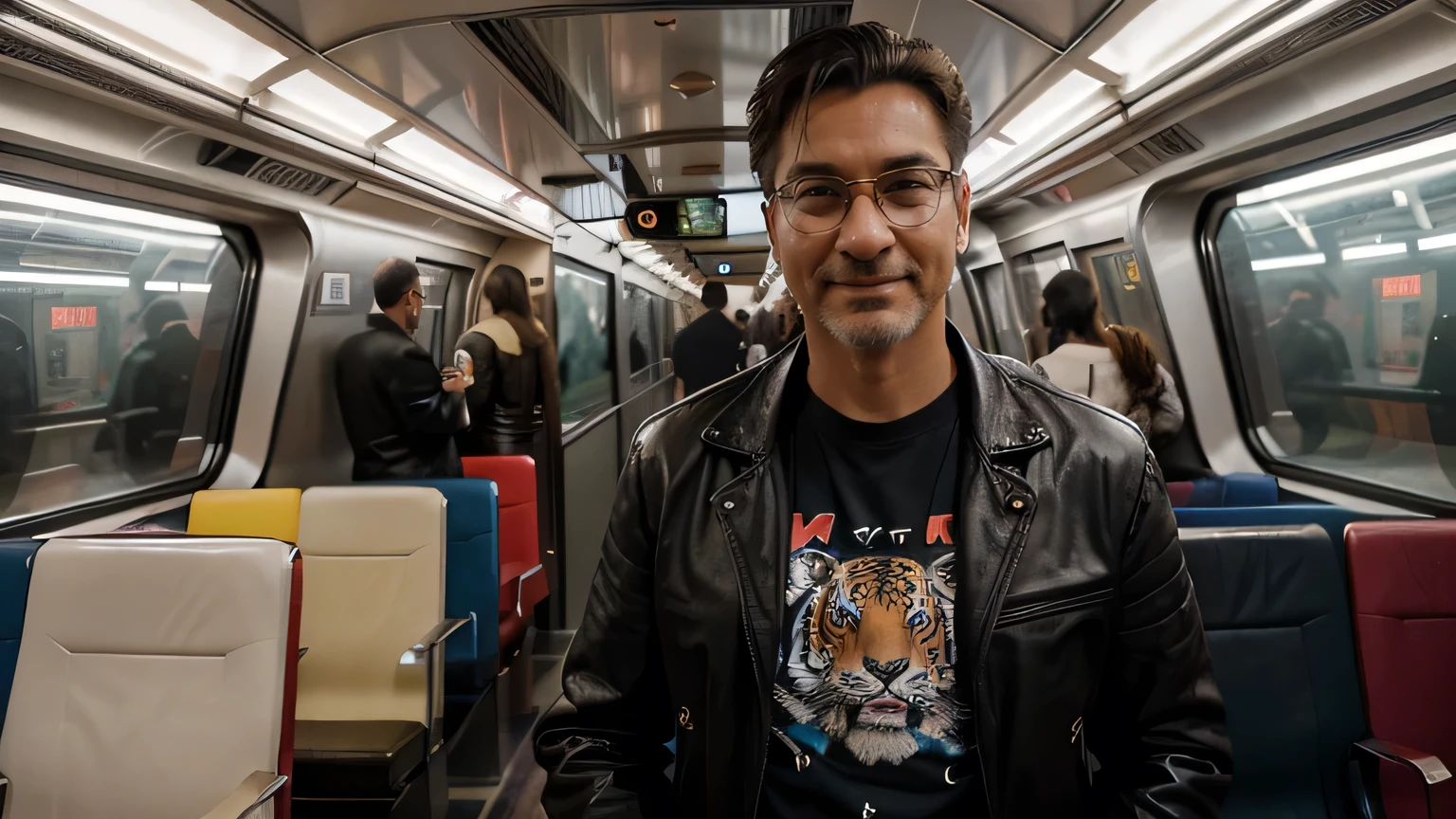 Hyper-realistic, cinematic quality futuristic train footage. Cyberpunk atmosphere. Hyper-futuristic and colorful lighting. A mix of antique and hyper-futuristic inside the train. Seats crowded with passengers; one handsome 48-year-old man stands. He wears glasses, (T-shirt with realistic tiger face printed on it), (outer leather jacket), white tiger print jean pants. He smiles slowly and warmly at the camera, his expression friendly and inviting.
