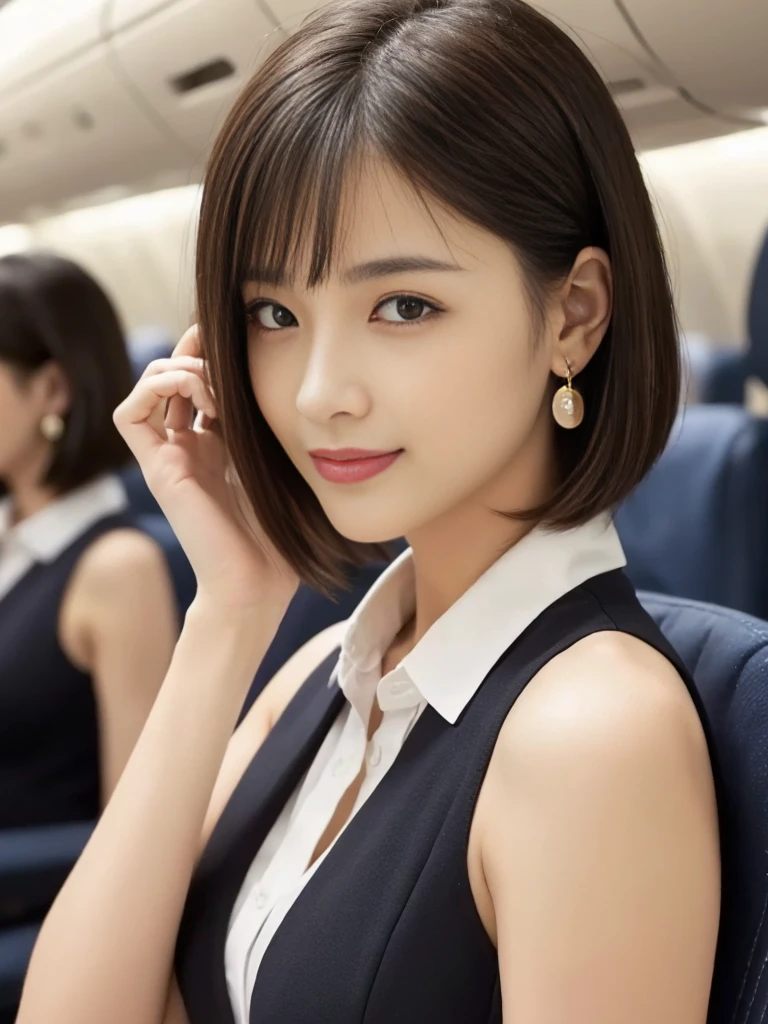 (masterpiece)、(Highest quality:1.5)、(16k wallpaper:1.2)、(Realistic:1.2)、(Very detailedな:1.2)、(超High resolution:1.2),(Surreal), (High resolution), (Very detailed), (Professional), (Realistic), (Post-processing), (Very detailed),(Sharp focus), Sharp focus:1.2,Realistic, Ultra-realistic, Backlight, Bright light, (Improvement of quality:1.4), Healthy Thighs、Tight waist、Big Ass、(Beautiful feet)、((Perfectly detailed five-fingered hands)),(Anatomically correct body)、((1 female:1.4))、Realistic Skin、(Small box:1.4),Beautiful woman with perfect figure:1.4,(from the front:1.5), (Enhances the beauty of skin texture:1.1), (Beautiful details), (Detailed face),Beautiful realistic face,No makeup、美しいBlack Hair、Super Beauty、The best smile、Natural color lip、Bangs too、((29-year-old female))、Bob Hair、Hair blowing in the wind, (Black Hair, iris, Watery eye, Shining Eyes, Short Bob Cut Hair, Small earrings, Slightly reddish), Hair behind the ear、No makeup、(Droopy eyes)、(Drooping eye corners)、Inside the plane, stewardess, stewardessコスチューム, ANAAviation uniforms, Aviation uniforms, Thick thigh skirt, Glowing Skin,