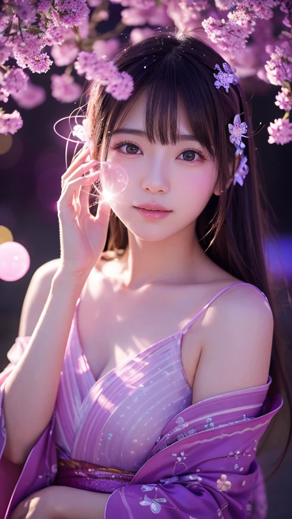 This image is、Featuring ultra-realistic, live-action Japanese beauties。The background is dotted with magical lights.、Pink and purple light、Floating transparent bubbles floating around。The beautiful girl's costume is a light pink dress.、It features a relaxed design。The pose is looking back、Showing a natural look。As a photographic technique、Use soft focus、Emphasizing the fantastical atmosphere。By skillfully using the placement of lights and the reflection of light,、The beautiful girl's contours and facial expressions are photographed in a way that makes them stand out softly.。The composition on a vertical screen、The light balance between the subject and the background is well captured.。