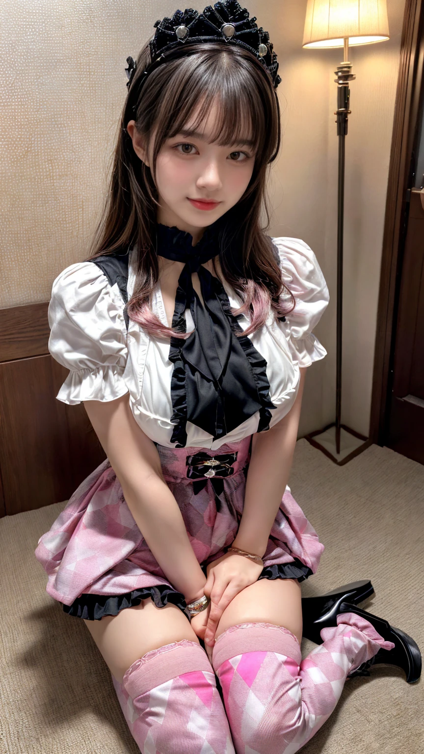 Mature Woman、Pink Hair、Light gray hair、((Two-tone hair))、White Lolita dress with delicate pink decoration、Slender women、Cute Woman、 8K Ultra HD,Detailed face、Delicate texture, Long Hair、(((Blunt bangs)))、(((Drill Hair)))、(bow ribbon, Maid, knee high socks:1.3), Aside Cutter Shirt, frill skirt、((Ethnic Lolita))、A room in a Western-style building、((Delicate photo))，(Girl Astepeace RAW Photo Details:1.25), (highest quality:1.6), (超A high resolution:1.5), (Realistic:1.75), 8K resolution, Canon EOS R5, 50mm, Absurd, Super detailed,Cinema Lighting、((stuffed toy:1.25))、(nsfw)、(Leg spread)、