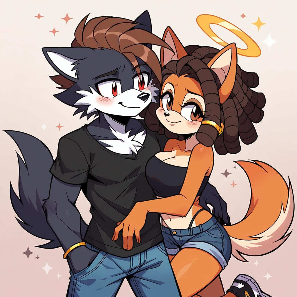 Score_9, score_8_up, 2characters, mobian, male, wolf, two tone fur(black fur, white fur), black shirt, jeans, high-top sneakers, two-tone hair (brown hair, black tip)), dreadlocks, jewelry, brown eyes, brown eyes, smile, 1girl, mobian, hedgehog, two-tone fur ((orange fur, brown fur)), pyjama elastic shorts, strapless crop top, cleavage, high-top sneakers, two-tone hair (brown hair, black tip)), curly hair, halo, sunglasses, jewelry, red eyes, longeyelashes, red eyes, smile, shy, blush, together, in love, kissing