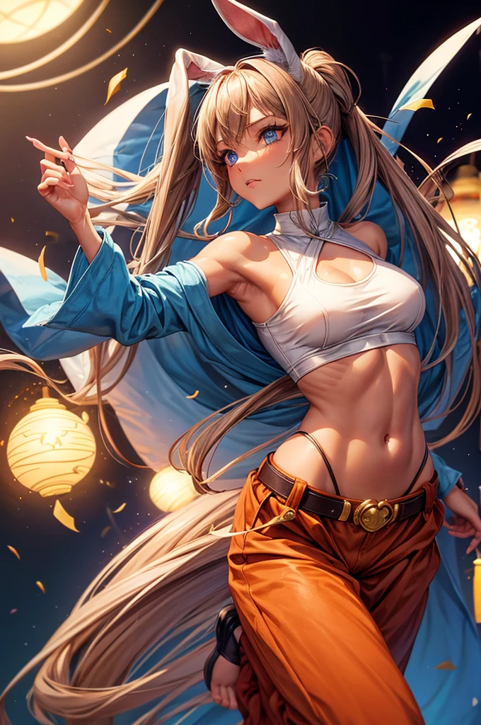 Bunny woman, rabbit woman, baggy pants, belt, blue eyes, tan skinned female, fingernails,, long pony tail, light brown hair, midriff , monk pose