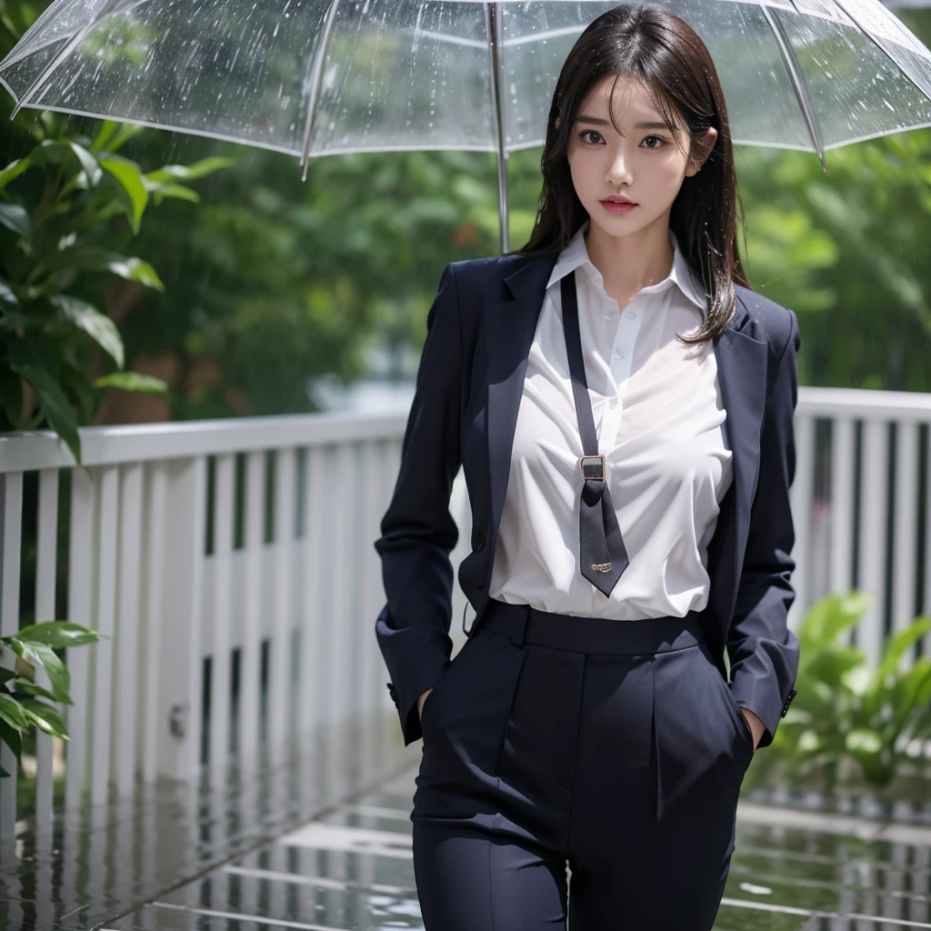 No umbrella、No umbrella、No umbrella、Beautiful woman getting wet in the rain、No umbrella美人、typhoon、No umbrellaで水に濡れる、Beautiful woman in the rain、雨で濡れたBeautyOL、Detailed face、Realistic、beautiful girl、Beauty、Office Lady Uniform、beauty、Beautiful woman、Narrow waist、Handsome woman、Tight pants look、suit、Sexy pose、タイトなsuitパンツ、雨で濡れたsuit、Wet shirt、See-through shirt、Shot in heavy rain、See-through underwear