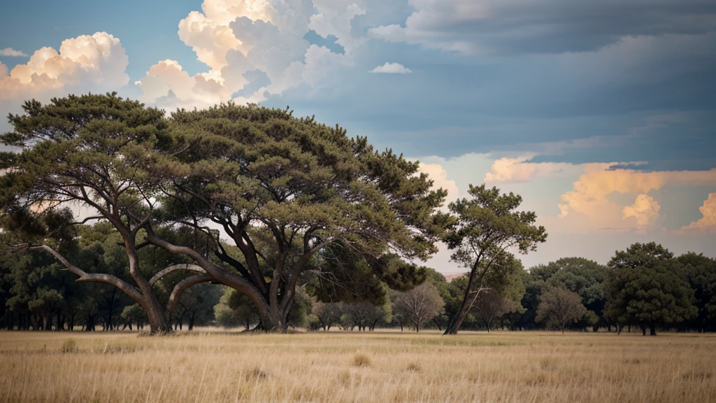 big fat tree at the center of dry grasses thundering at sky