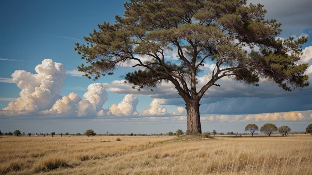 big fat tree at the center of dry grasses thundering at sky