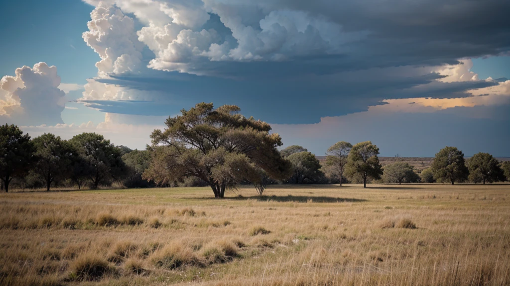 big fat tree at the center of dry grasses thundering at sky