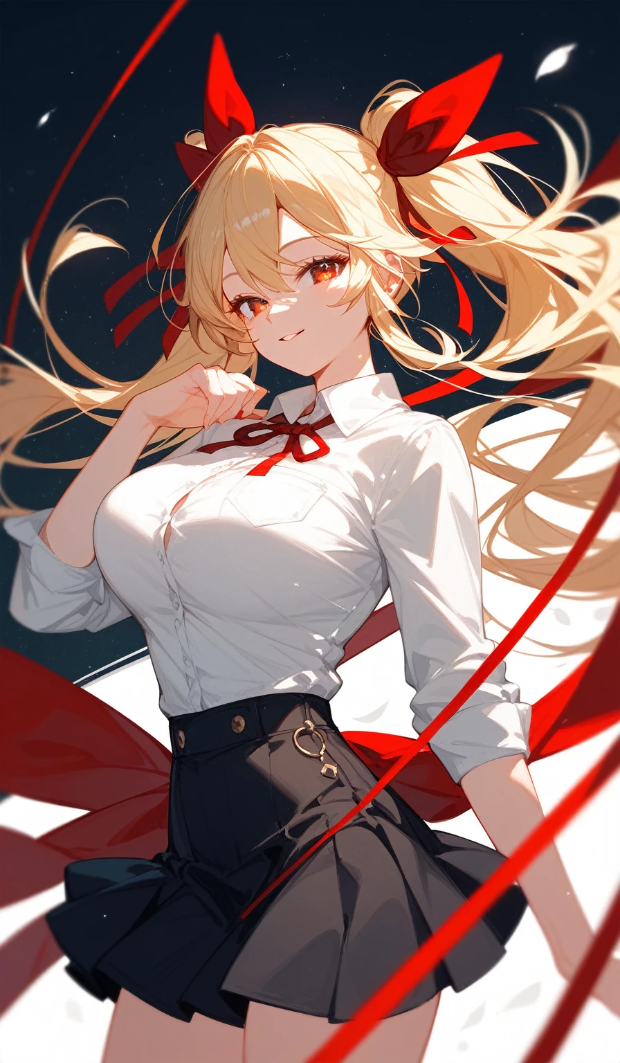 {{wonderful}}, Highest quality, Ultra-detailed CG Unity 8k Wallpaper, Beautiful details、Large Breasts、Blonde、T-pose、front、White Shirt、mini skirt、Red ribbon、Lady、Slanted Eyes
