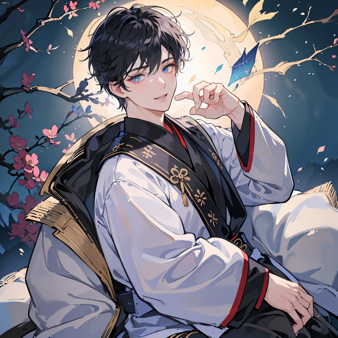 (absurdres, high res, ultrasharp, 8K, masterpiece) 1boy, male, masculine, short black hair, black kitsune ears, blue eyes, finely detailed eyes and detailed face, wearing an elegant and floral robe, japanese home, leaves falling, lens flare, sparkle, looking at viewer, smiling, close-up