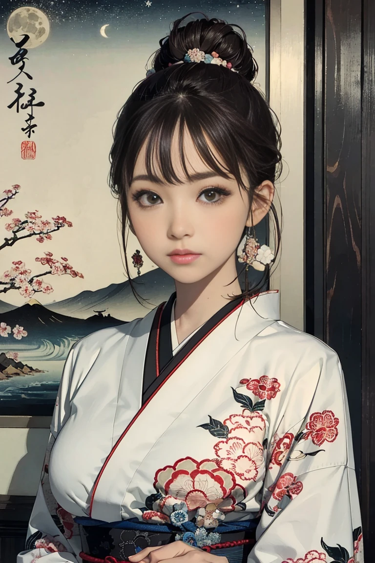 (Highest quality、 8k 、masterpiece、High resolution)、(whole body)、Vibrant colors、Brown-black bob、Traditional round topknot、Ample breasts、(Highly detailed face and eyes、Beautiful Face、Beautiful Eyes、Beautiful nose、Pretty lips)、Detailed Art,(Japanese painting), (Beautiful woman in kimono),(Vivid floral patterned kimono), background、river、bridge、Mountain、wood、Starry Sky、moon、Detailed CG、