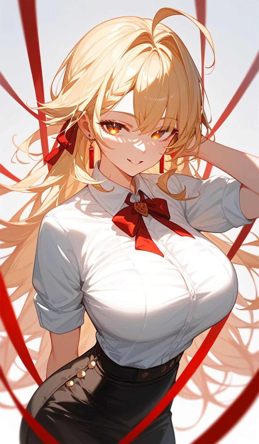 {{wonderful}}, Highest quality, Ultra-detailed CG Unity 8k Wallpaper, Beautiful details、Large Breasts、Blonde、T-pose、front、White Shirt、mini skirt、Red ribbon、Lady、Slanted Eyes