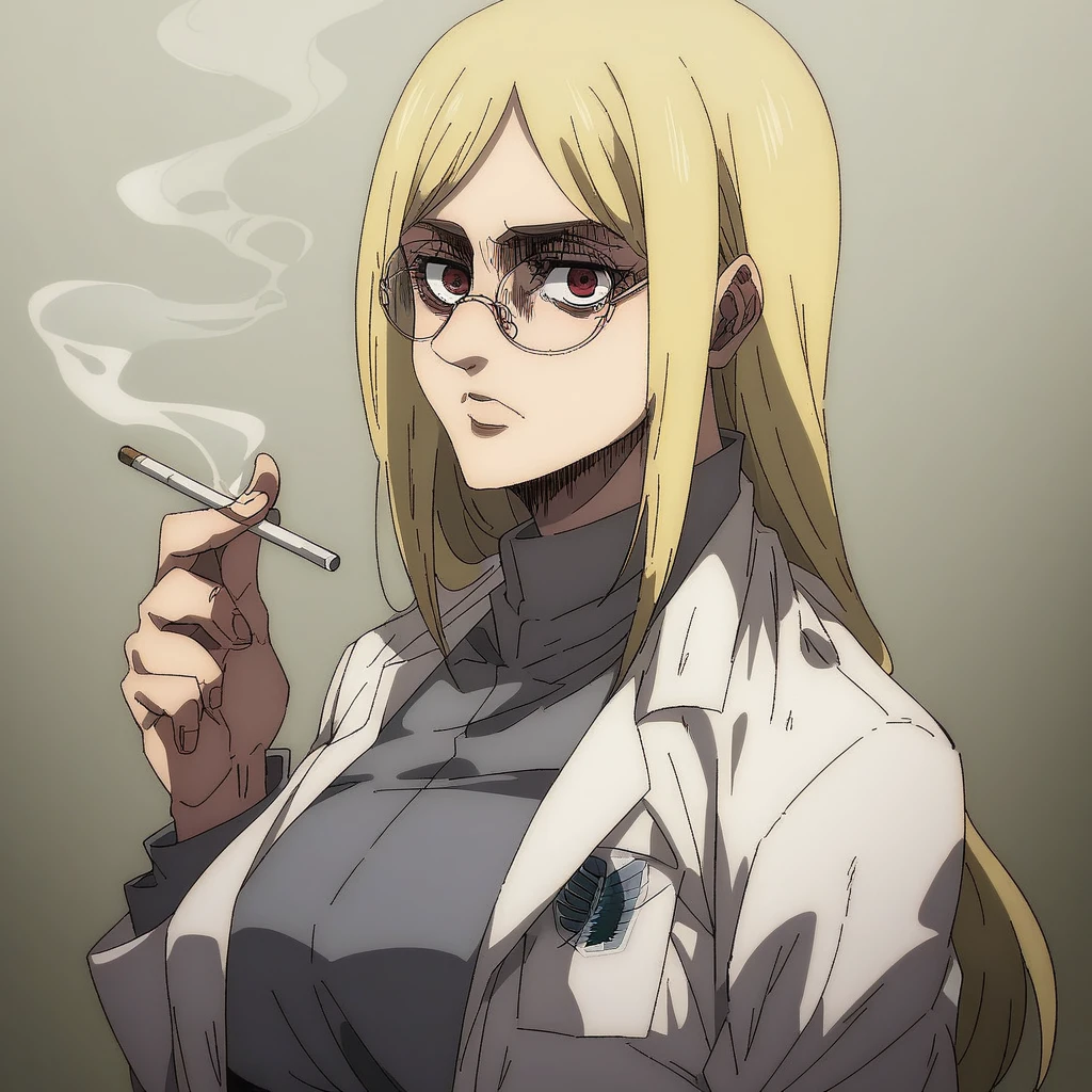 singeki_no_kyojin_s4_style,Tsukumo Yuki 1girl,solo,long hair,breasts,looking at viewer,blonde hair,large breasts, circle glasses, white lab coat. smoking a cig, red eyes, a black dot in the middle of the froehead