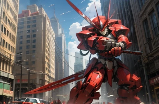 Break A giant red robot stands in the city,Break The robot has a sword,Break Fighting a giant monster