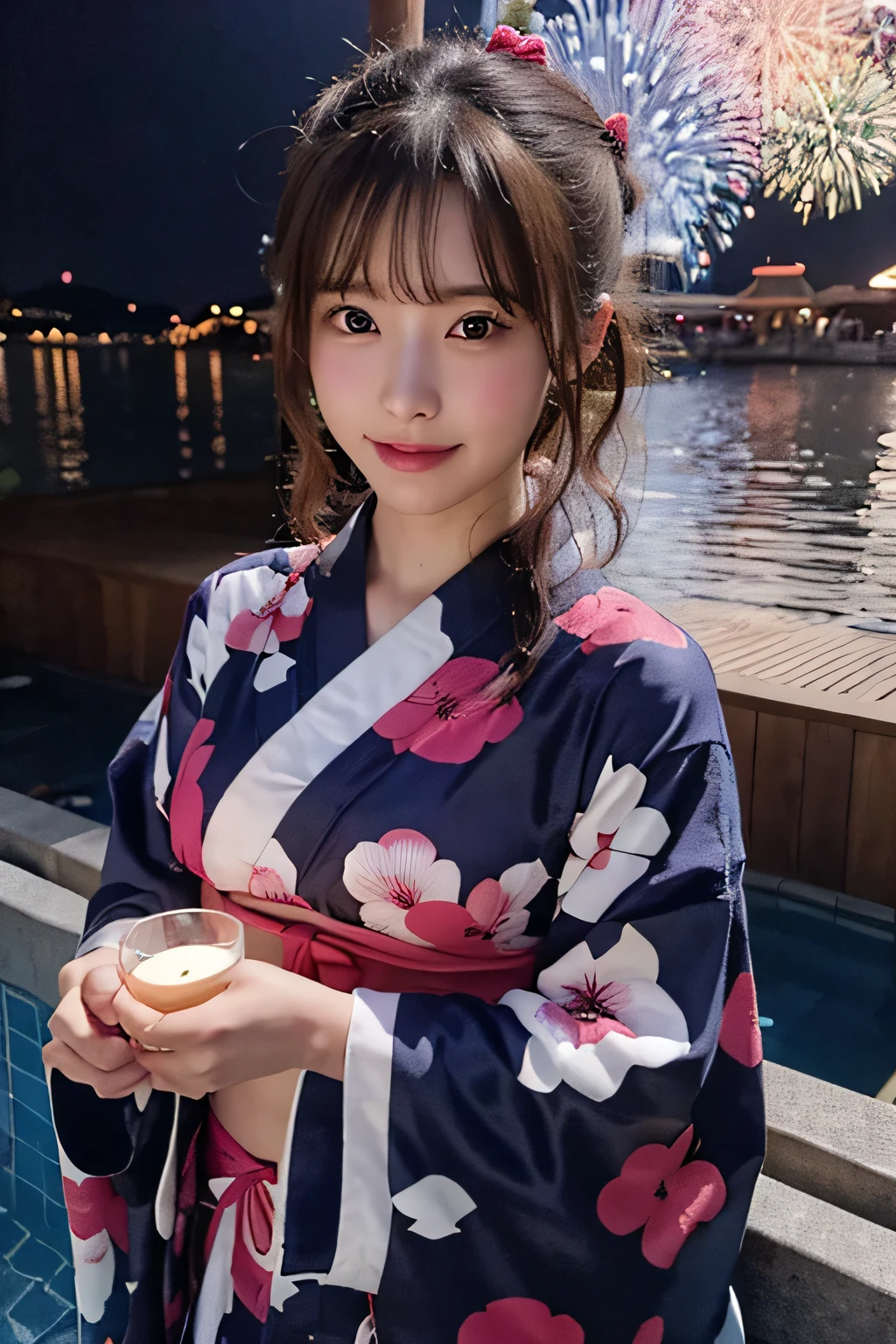 UHD, high quality, best quality, 16k,4K(8K),A girl wearing a yukata watching fireworks at a fireworks festival in Tokyo