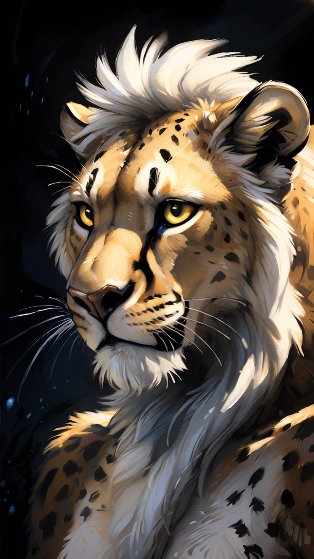 closeup, (anthro furry cheetah lioness female hybrid), silver white lion mane, (glowing pale white fur), athletic body, (fierce eyes), (naked), (topless), (black background), (by hioshiru and kenket and Ruan Jia and Bayard Wu), (realistic black and white painting)