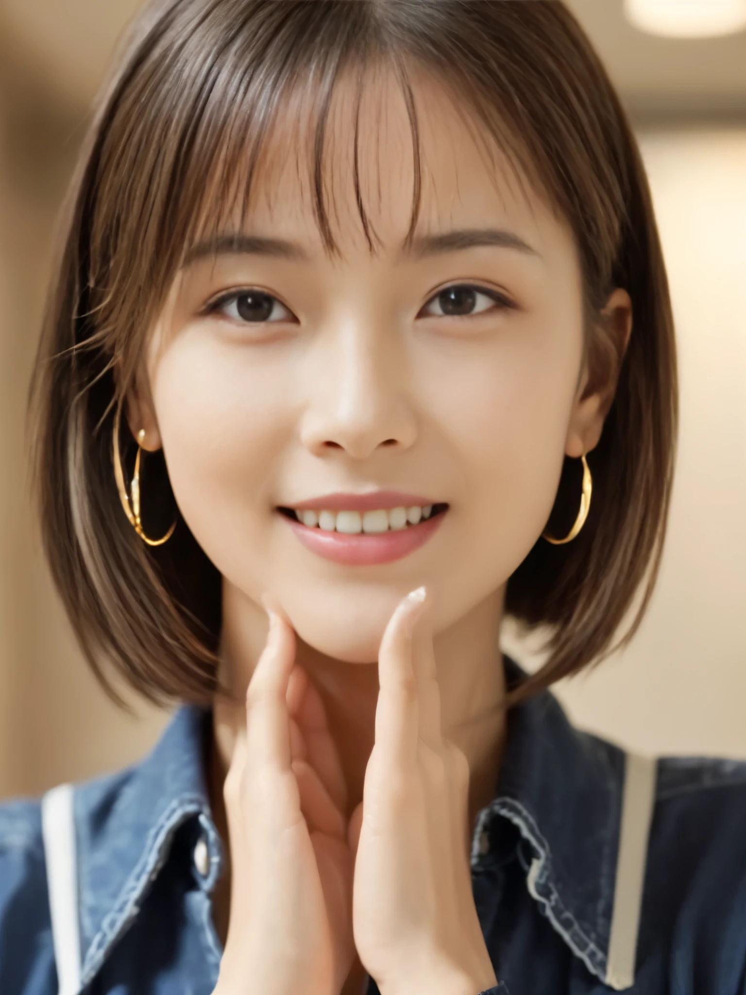 (masterpiece)、(Highest quality:1.5)、(16k wallpaper:1.2)、(Realistic:1.2)、(Very detailedな:1.2)、(超High resolution:1.2),(Surreal), (High resolution), (Very detailed), (Professional), (Realistic), (Post-processing), (Very detailed),(Sharp focus), Sharp focus:1.2,Realistic, Ultra-realistic, Backlight, Bright light, (Improvement of quality:1.4), Healthy Thighs、Tight waist、Big Ass、(Beautiful feet)、((Perfectly detailed five-fingered hands)),(Anatomically correct body)、((1 female:1.4))、Realistic Skin、(Small box:1.4),Beautiful woman with perfect figure:1.4,(from the front:1.5), (Enhances the beauty of skin texture:1.1), (Beautiful details), (Detailed face),Beautiful realistic face,No makeup、美しいBlack Hair、Super Beauty、The best smile、Natural color lip、Bangs too、((29-year-old female))、Bob Hair、Hair blowing in the wind, (Black Hair, iris, Watery eye, Shining Eyes, Short Bob Cut Hair, Small earrings, Slightly reddish), Hair behind the ear、No makeup、(Droopy eyes)、(Drooping eye corners)、Inside the plane, stewardess, stewardessコスチューム, ANAAviation uniforms, Aviation uniforms, Thick thigh skirt, Glowing Skin,