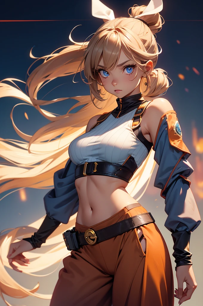 Bunny woman, rabbit woman, baggy pants, belt, blue eyes, tan skinned female, fingernails,, long pony tail, light brown hair, midriff monk pose
