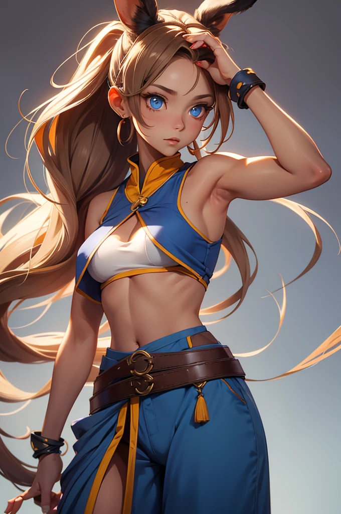 Bunny woman, rabbit woman, baggy pants, belt, blue eyes, tan skinned female, fingernails,, long pony tail, light brown hair, midriff , monk pose