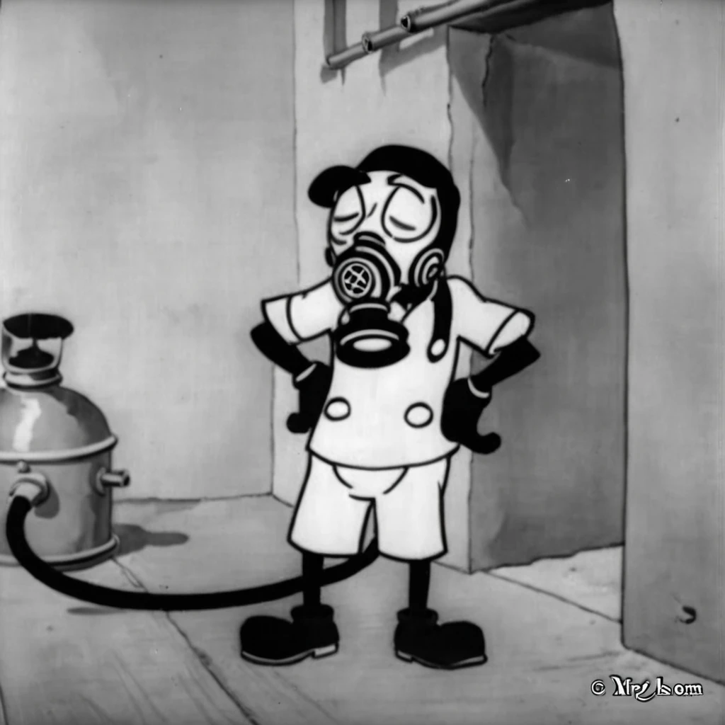 1930s animation, Disney, alone, whole body, Standing pose, Cat character in human form, gas mask, Facing forward, Grinning face, Sleeping gas bottle