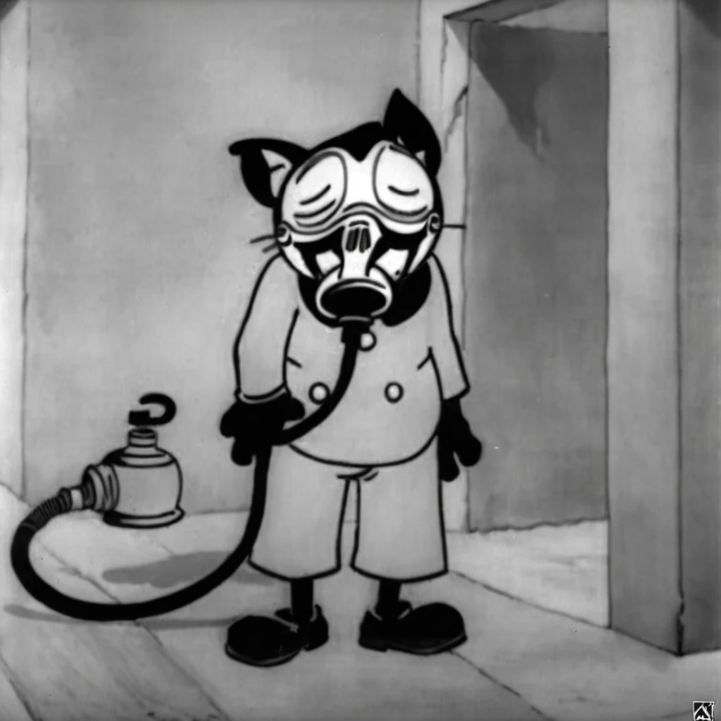 1930s animation, Disney, alone, whole body, Standing pose, Cat character in human form, gas mask, Facing forward, Grinning face, Sleeping gas bottle