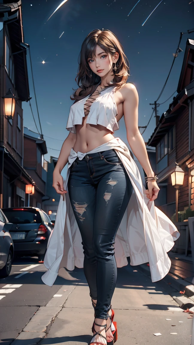 masterpiece, Beautiful Goddess of the Void, Full body white transparent clothing standing under the stars at night in the sky, Disappearing Transparent Pants, Full body standing, Tall figures, Thin legs, Facial details, Body parts details, 8k wallpaper、24-year-old female、Sexy proportions、Sexy、Textured skin((textured skin))、Narrow waist、Long eyelashes、bottomless、topless、Lace-up sandals、