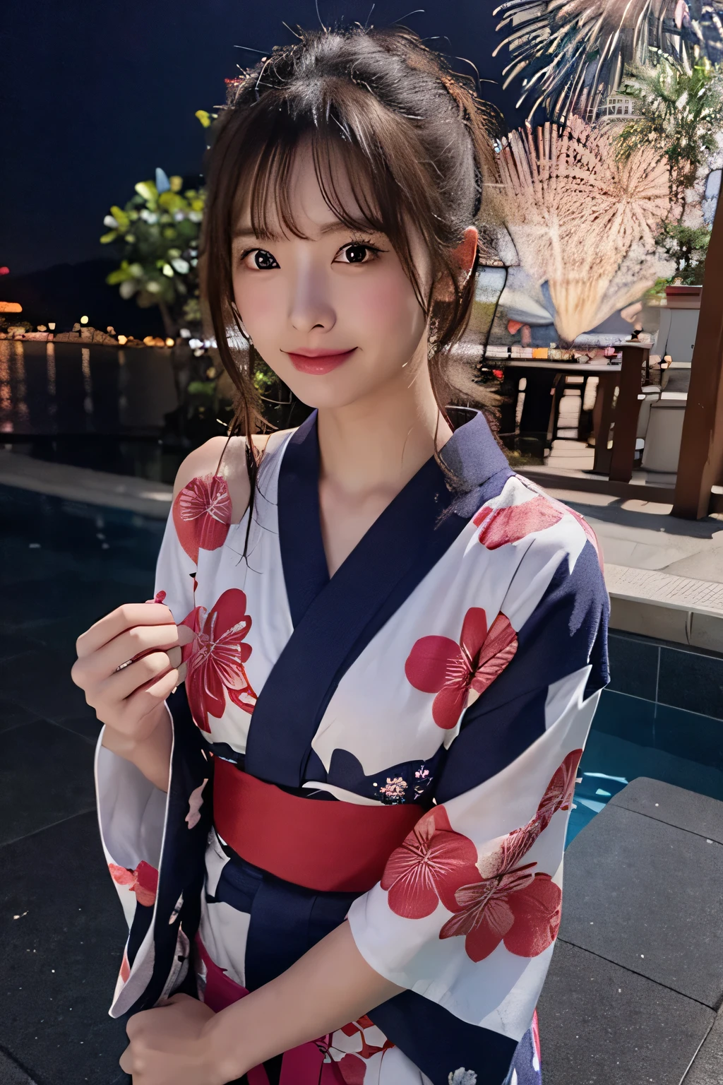 UHD, high quality, best quality, 16k,4K(8K),A girl wearing a yukata watching fireworks at a fireworks festival in Tokyo
