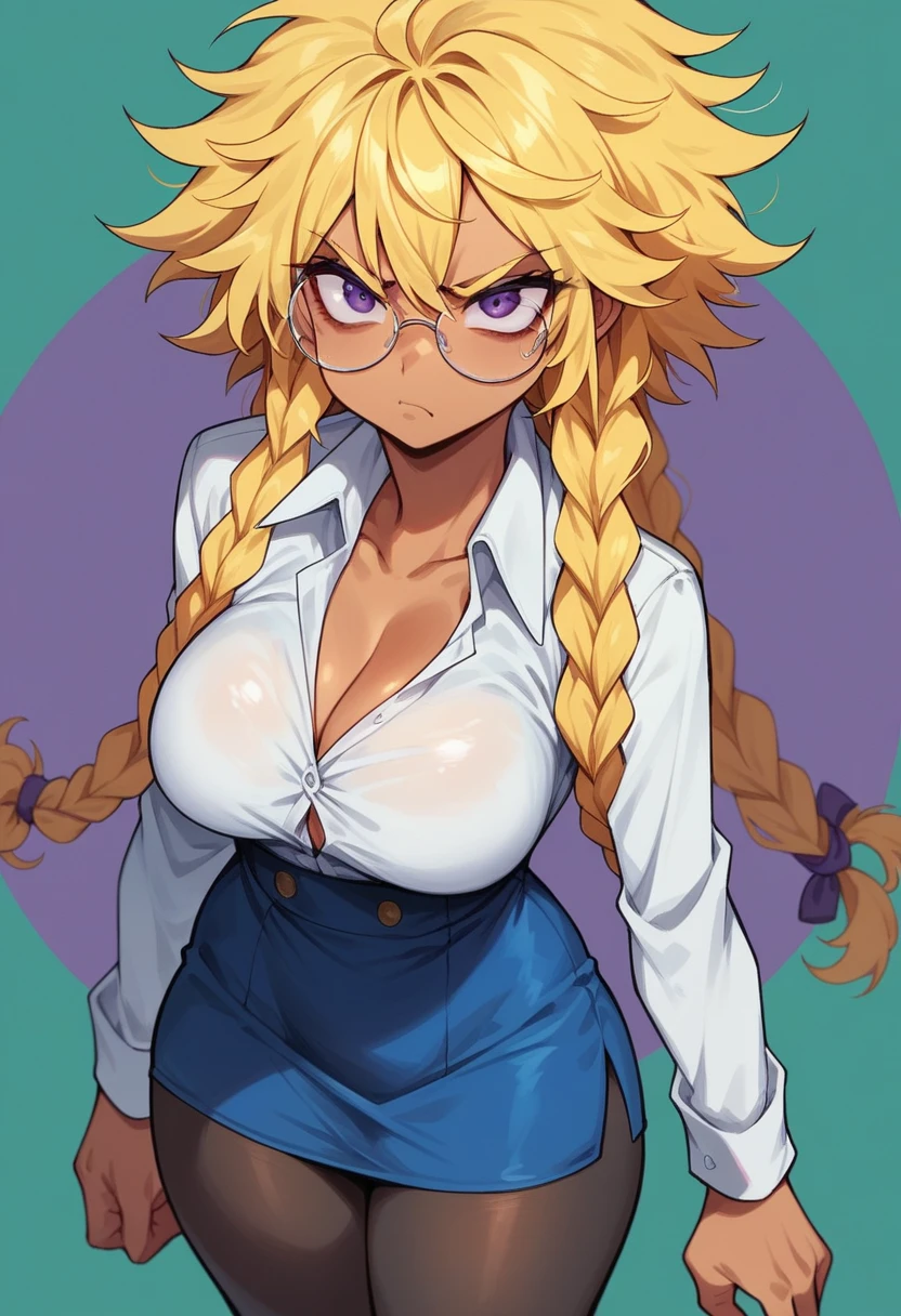 A woman, tanned skin, by rubio, a hairstyle with two long braids that fall over her shoulders, with straight bangs that cover his forehead, very messy hair, messy from above, He wears purple round frame glasses and has an angry expression on his face, Yellow hair, big and somewhat angry eyes, purple eyes, small nose, big breasts, Skinny body, small waist, thick thighs, a white dress shirt, a blue skirt, long black tights, elegant women&#39;s sneakers, Crossed arms, in a school room, classroom, low view, alone 