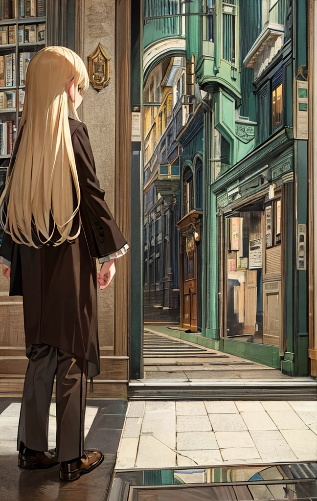 masterpiece, Highest quality, ultra-detaileded, city, street, Gothic, steampunk, figure, One girl, (alone), Platinum Long Hair, boots, From behind, Vintage, antique, brass, Metal, gear, mechanical, Brilliant, elegant, Classic, Sophisticated, Sophisticated, Ready, Contemplative, Thoughtful, Curious, mysterious, Mysterious, Magic, Cautious, intellectual, Book lover, Contrast, perspective, depth, texture, detailed, リアrhythm, Impressionist, Expressionistic, Abstract, Surreal, Innovative, Experimental, Individuality, atmosphere, atmosphere, feeling, Nostalgia, historic, cultural, Technical, industrial use, Fantasy, imagine, creativity, Artistry, Craftsmanship, skill, Accuracy, detailed, composition, balance, Harmony, rhythm, colorful, dark, reflection, refraction, prospect, Middle Way, background, Vanishing Point, horizon, focus, Naturalistic, Figurative, Expressive,