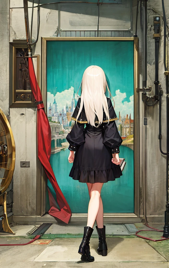 masterpiece, Highest quality, ultra-detaileded, city, street, Gothic, steampunk, figure, One girl, (alone), Platinum Long Hair, boots, From behind, Vintage, antique, brass, Metal, gear, mechanical, Brilliant, elegant, Classic, Sophisticated, Sophisticated, Ready, Contemplative, Thoughtful, Curious, mysterious, Mysterious, Magic, Cautious, intellectual, Book lover, Contrast, perspective, depth, texture, detailed, リアrhythm, Impressionist, Expressionistic, Abstract, Surreal, Innovative, Experimental, Individuality, atmosphere, atmosphere, feeling, Nostalgia, historic, cultural, Technical, industrial use, Fantasy, imagine, creativity, Artistry, Craftsmanship, skill, Accuracy, detailed, composition, balance, Harmony, rhythm, colorful, dark, reflection, refraction, prospect, Middle Way, background, Vanishing Point, horizon, focus, Naturalistic, Figurative, Expressive,