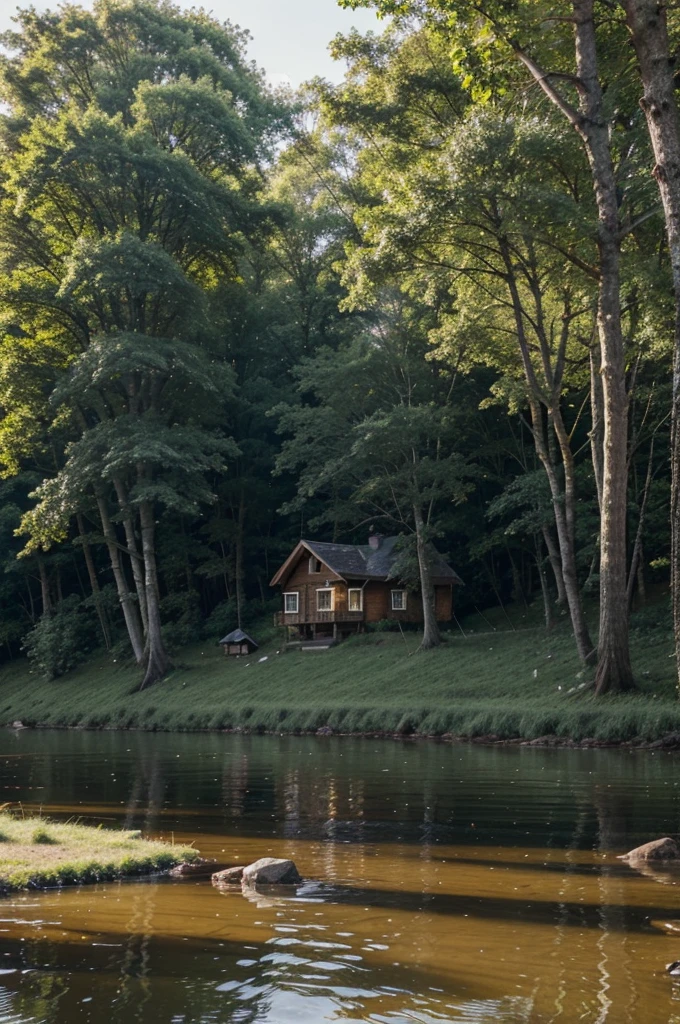draw a house in the forest near the river and people, vacationers on the river bank