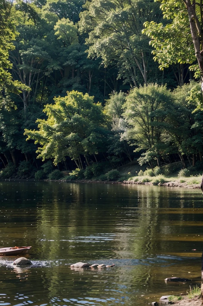 draw a house in the forest near the river and people, vacationers on the river bank