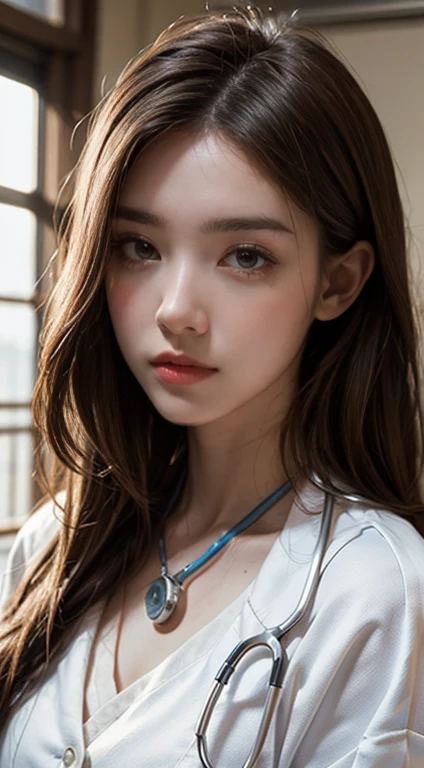 (((HD Photos))), Ultra-high resolution.Realistic:. 1.4, Ultra-high resolution, masterpiece, Trending on Art Station, Portraiture, Extreme close-up of a face, One girl, cute, cute顔, The most beautiful in the world, soft, delicate, ( Long Red Hair), (Wearing a white doctor's coat:1.2), Stethoscope:1.4, Sunlit, Ward Background, Boca, SFW