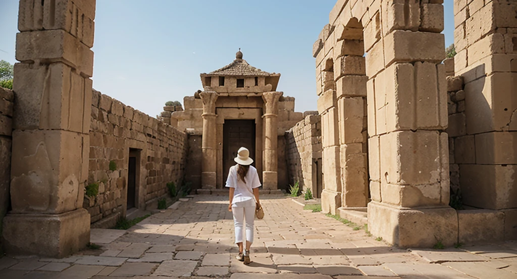 A woman was standing on a cobblestone road. She wore a white t-shirt. Orange pants and white high heels along with wearing a white hat to protect from the sun She raised one hand to shield her face from the sun to look ahead. The background of the picture is ancient Egyptian architecture with carved patterns and the windows have iron bars. The structure looks old and has historical value. In the right corner of the photo there is a sign giving information about the location. There is also a metal fence and various barriers. near the entrance