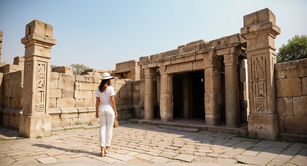 A woman was standing on a cobblestone road. She wore a white t-shirt. Orange pants and white high heels along with wearing a white hat to protect from the sun She raised one hand to shield her face from the sun to look ahead. The background of the picture is ancient Egyptian architecture with carved patterns and the windows have iron bars. The structure looks old and has historical value. In the right corner of the photo there is a sign giving information about the location. There is also a metal fence and various barriers. near the entrance