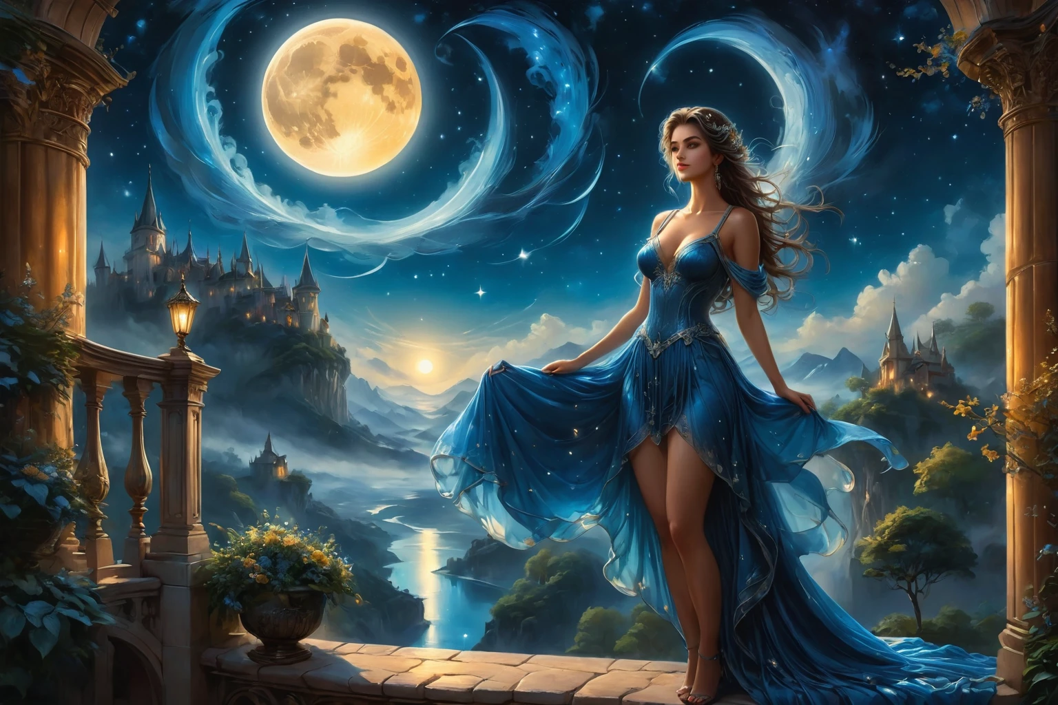 Arafed woman in a blue dress stands on the balcony under the full moon, shrouded in silvery light, beautiful fantasy art, very beautiful fantasy art, Fantasy woman, beautiful painting in fantasy style, breathtaking fantasy art, hd fantasy art, fantasy art style, Fantasy art, moon goddess, moon goddess, beautiful fantasy girl, fantasy art, amazing fantasy art, 4k fantasy art