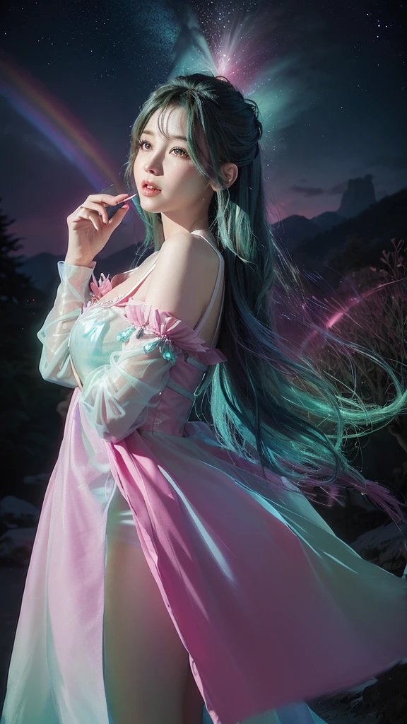 (fluorescent colors:1.4),(translucent:1.4),(retro filters:1.4), (fantasy:1.4), candy world Disney land ethereal soft fluffy soft landscape forest snowavatar Pastel pink sky green blue sparkle ethereal light pastel whimsical light rainbow stars diamonds sparkle gemstone background hyper realistic Ultra quality cinematic lighting immense detail Full hd painting Well lit,