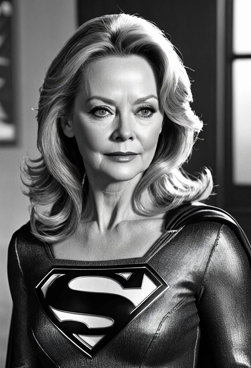 Supergirl(black/white clothes) real old Jean Smart 2024; HD. Photograph, ((realism)), extremely high quality RAW photograph, ultra detailed photograph, sharp focus, high resolution, (detailed skin:1,3),high quality, film grain, Fujifilm XT3,Highly Detailed, movie, (Cinematic Photo:1.3) of (Realistic:1.3)