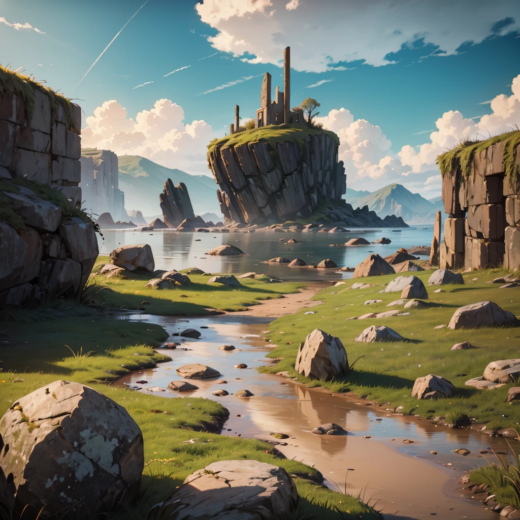 large rusty cylindrical piece on a rocky area with grass, puddles, Stones, beautiful sky and rocks in the distance, post apocalypse