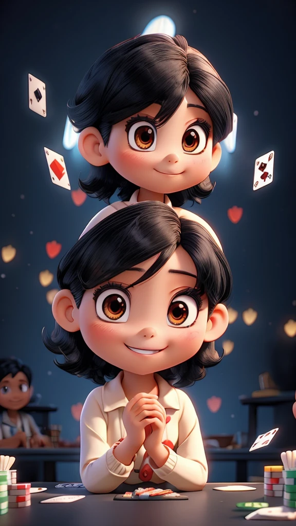 Wide shot ,A asian woman with short straight black hair ,playing cards together. anime, cartoon, light effect, cute, quirky cute, lighting is
smooth, in 3D animation , background townpark