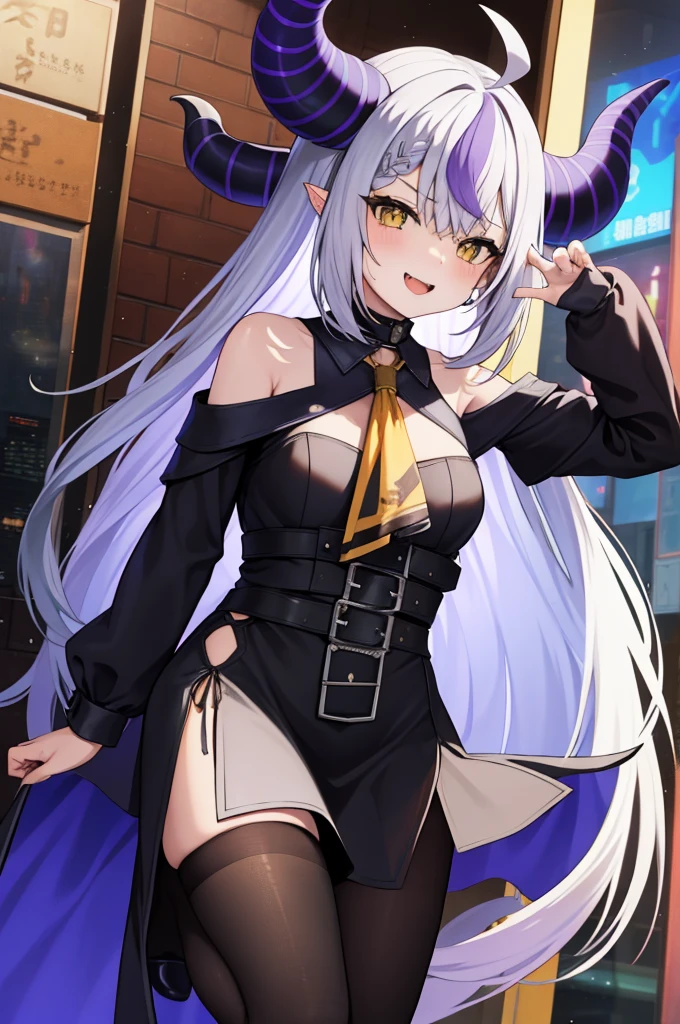 Masterpiece、Hololive、Laplace・ダークネス、Laplace、Highest quality、High resolution、1 girl、anime、Sleeves that hide the hands、Sleeves up to the fingers、Braid、Long sleeve、片足pantyhose、黄色のAscot、Ascot、Black footwear、dress、金属のfirst round、Knee-high boots、黒いdress、first round、pantyhose、Thigh of one leg、Cyberpunk City、Wicked Smile、Mouth open