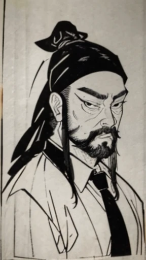 (((Monochrome)))、(((Tie your hair up、bearded young man wearing a black swimming cap)))、（（Men in ancient China））、（Ink Painting）、Highest quality、masterpiece、Ultra-high resolution、(Realistic:1.4)、Game Poster、The Three Bearded Men of the Kingdom,Oriental、As seen in the Romance of the Three Kingdoms々military commander、Crisp and beautiful image quality ,(Skin of color)、 gloves, Long trousers, (Very detailed, bloom:1.5), (Highest quality, Concept Art, 4K), (analog:1.2), (high sharpness), (Detailed pupil:1.1),, Detailed face and eyes, masterpiece, Highest quality, (Very detailed:1.1), 8k, photoRealistic, (PurerosFace_v1:0.2), [:(Detailed face:1.2):0.2], sharp, Realistic, Realistic Shadow, 