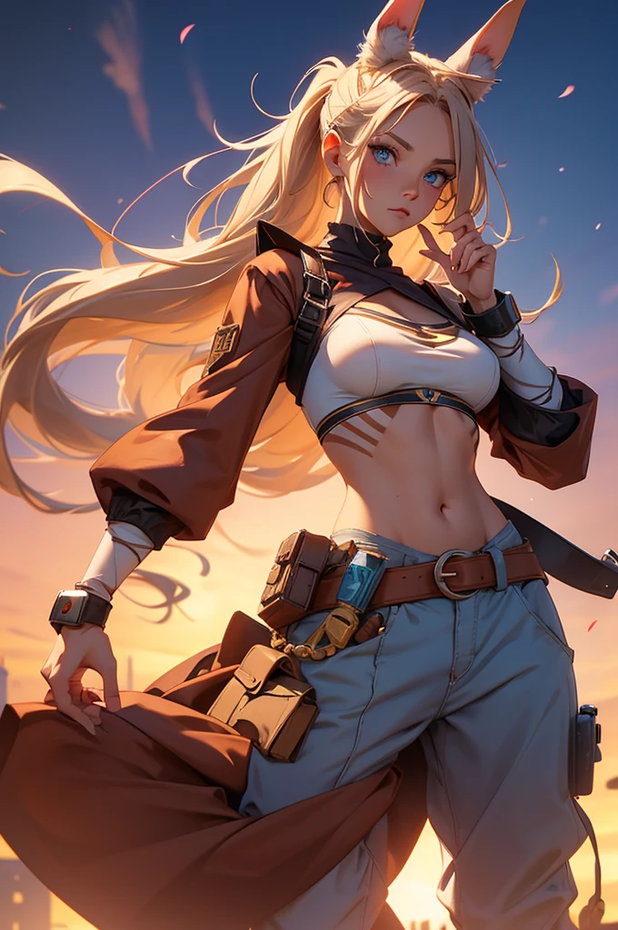 Bunny woman, rabbit woman, baggy pants, belt, blue eyes, tan skinned female, fingernails,, long pony tail, light brown hair, midriff monk pose