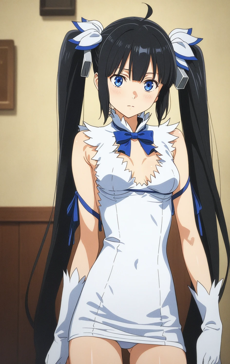 gorgeous lips, cinematic, (masterpiece), (best quality), (ultra-detailed), very aesthetic, perfect composition, intricate details, absurdres, detailed face, (anime, masterpiece, intricate:1.3), (best quality, hires textures, high detail:1.2), 1girl, hestia (danmachi), hestia \(danmachi\),long hair, blue ribbon, twintails, (thigh, shiny skin, expressionless)