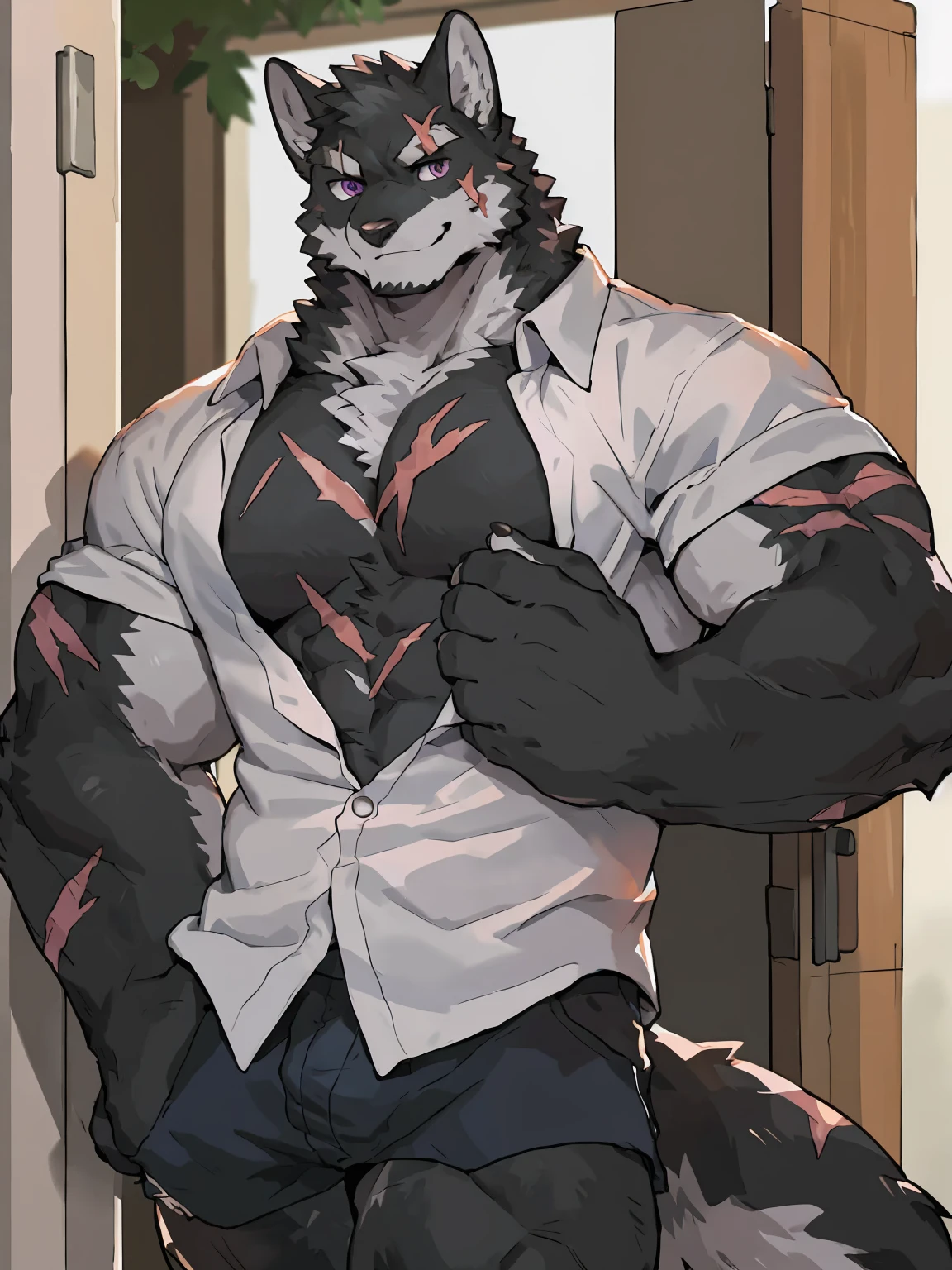 embedding:black wolf, male,purple eyes,Scar on the face, scar on the body,Single person，The fur on the chest and abdomen is white.Gang boss,Tattoo,A casual shirt,Robust,Leaning against the door,smile，Maturity,The highest quality of scene detail,adult,Tall and powerful,muscle，Best quality hands, best quality eye，detailed fur，Delicate eyes.Extreme picture quality，by sollyz,by zixiong,by milkytiger1145