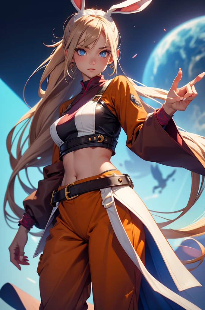 Bunny woman, rabbit woman, baggy pants, belt, blue eyes, tan skinned female, fingernails,, long pony tail, light brown hair, midriff monk pose