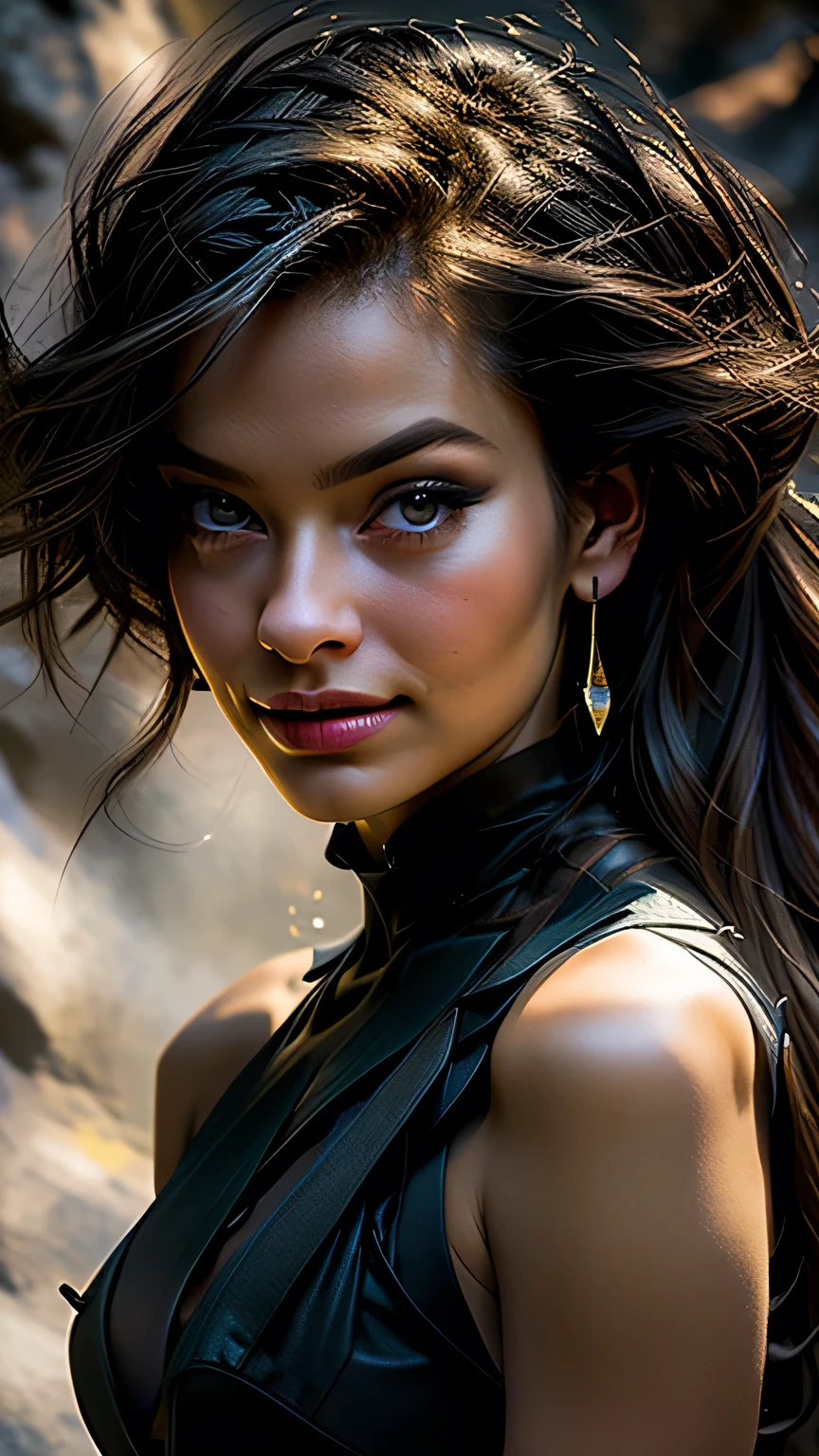 Studio Lighting,(Portraiture),(Vibrant colors),(Cool tones),(Soft moody lighting),(Sharp focus), stunning face, confident and provocative smile,Mysterious atmosphere,Dark and rough cave background, Big Tits, Decorative equipment,Fierce and powerful stance,Shining Jewelry,Dramatic lighting to accentuate facial features,Subtle makeup,Faint signs of smoke or fog,Nighttime Settings,Faint moonlight shining in the background illuminates the scene.､masterpiece, 最high quality, high quality, High resolution, ((Pause＿random))､((Upper body portrait))), Dark cave background,black garter set､