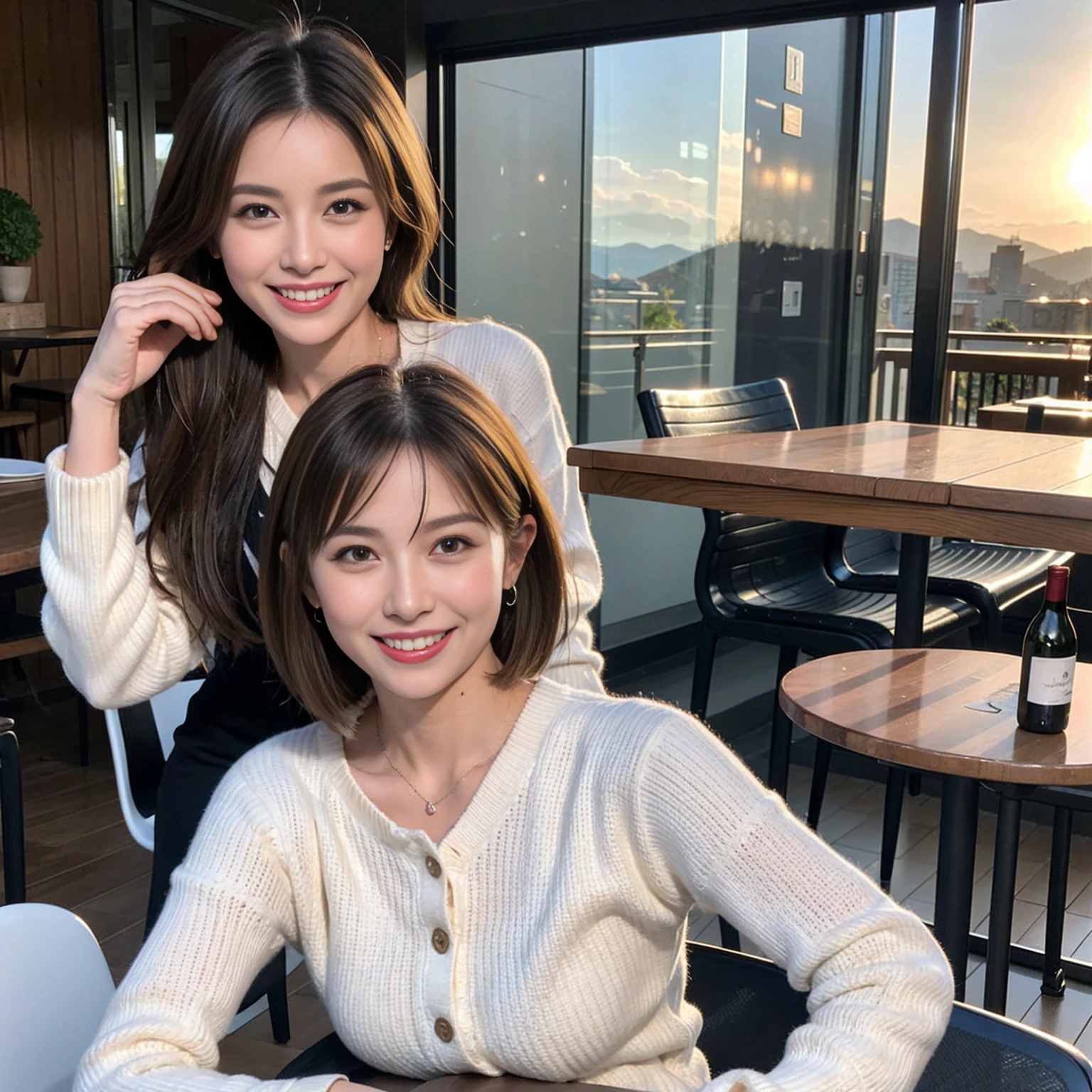 (Realistic:1.1),(masterpiece,Highest quality),8k,(40 years old), 42 years old, slimカップル、Model Couple、actress/actor、Tight waist,Upper Body,full-course dinner、wine 、Amazing view of the sunset sky and clouds、Perfect Anatomy, Brown Hair, short hair,Random Hairstyles,((Highly detailed face and eyes:1.2))(cute顔:1.4),美しいactressの顔,Perfect golden ratio face,Long sleeve shirt、dress,(smile:1.2)、Shortcuts、cute、(Realistic, Intricate details:1.2), A bright smile、short hair,Bright Face、赤wine 、Appetizers、Italian food、wine bottle、Champagne、スパークリングwine、(slimな顔), (The body is slim), (Brown Hair), (Shortcuts), Upper Body, 白wine, slim, wineグラス,