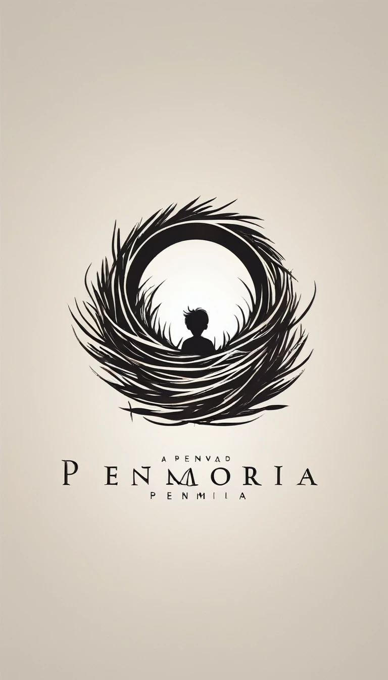 A minimal, modern, simple, cinematic logo design for the brand “Penamemoria". Create a modern, minimalistic, high-quality, logo of a boy inside a nest made of feathers. The logo must be a symbol for dreams, stories, memories, music and imagination.