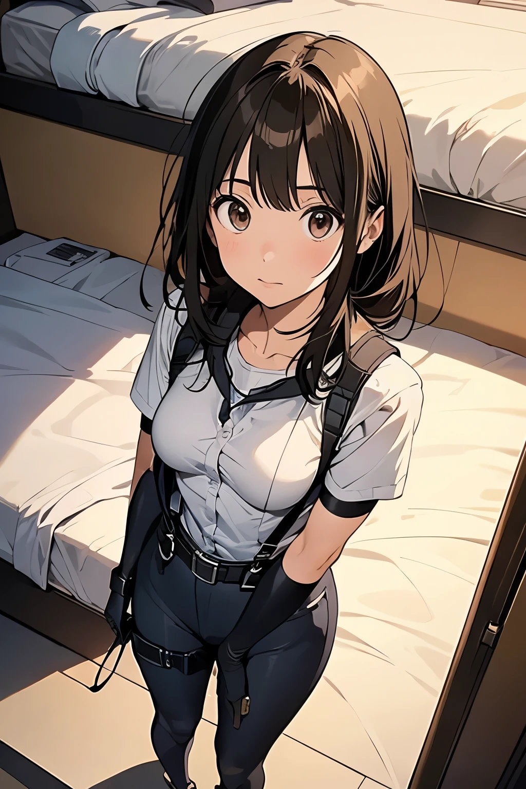   1 female, , high quality, masterpiece, Ultra-high resolution, , Cinema Lighting, , ,  And the suspenders with the cranes flying　　　Moderate breasts　 　 　　　　Small face　 　　　holster　　　　　　　 Lying in bed　Looking up　　　　Sweat 　　　belt　summer　脇Sweat 　Black Hole Gloves　suit　shirt　　Black jacket　 Black trousers　Leg Links　ズボンにbelt　　holster　 　　Hands behind your back　 Anxious expression　Looking up　Anxious face, legs apart　
