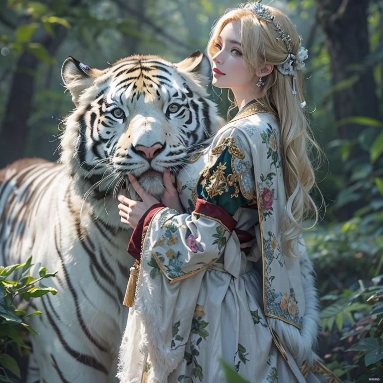 Standing in the forest、Hair Flow、 ((Highest quality、masterpiece、8k、Best image quality、Ultra-high resolution、Award-winning works)、(Accurate anatomy:1.1)、(Look at me and smile:1.1)、Shining fair skin with Ultra-high resolution、The most detailed face、Ultra-high resolution detailed face、Ultra-high resolutionのblond hair、(Ultra-high resolution eye:1.1)、Beautiful face drawn in every detail、Traditional Russian costume , Chest to chest, Strange atmosphere, Next to him stands a real white tiger, Dark Light, in the forest , Heavy makeup